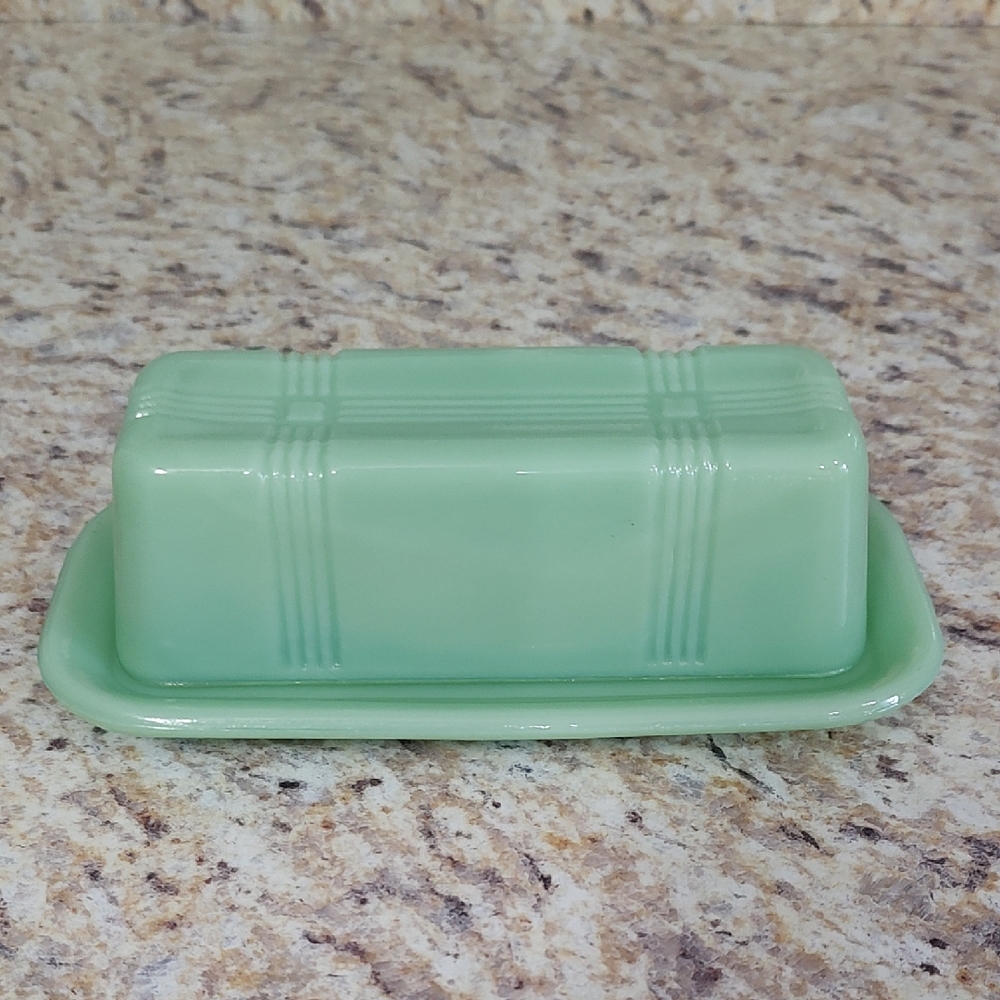 Vintage Green Glass Butter Dish